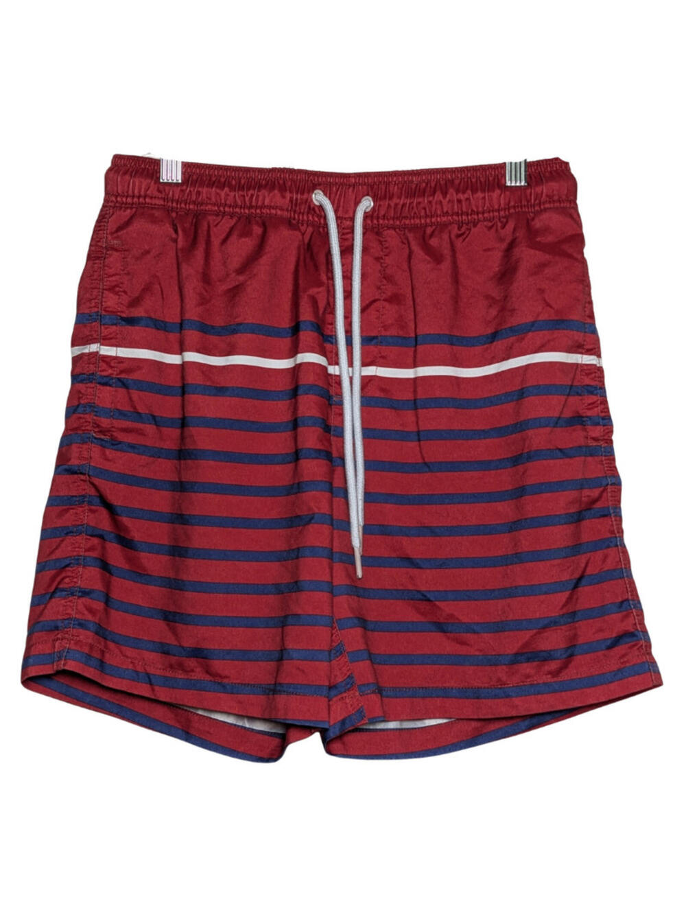 Amazon Essentials Men's Quick-Dry Swim Trunk Red Blue Stripes, Small, 7" Inseam